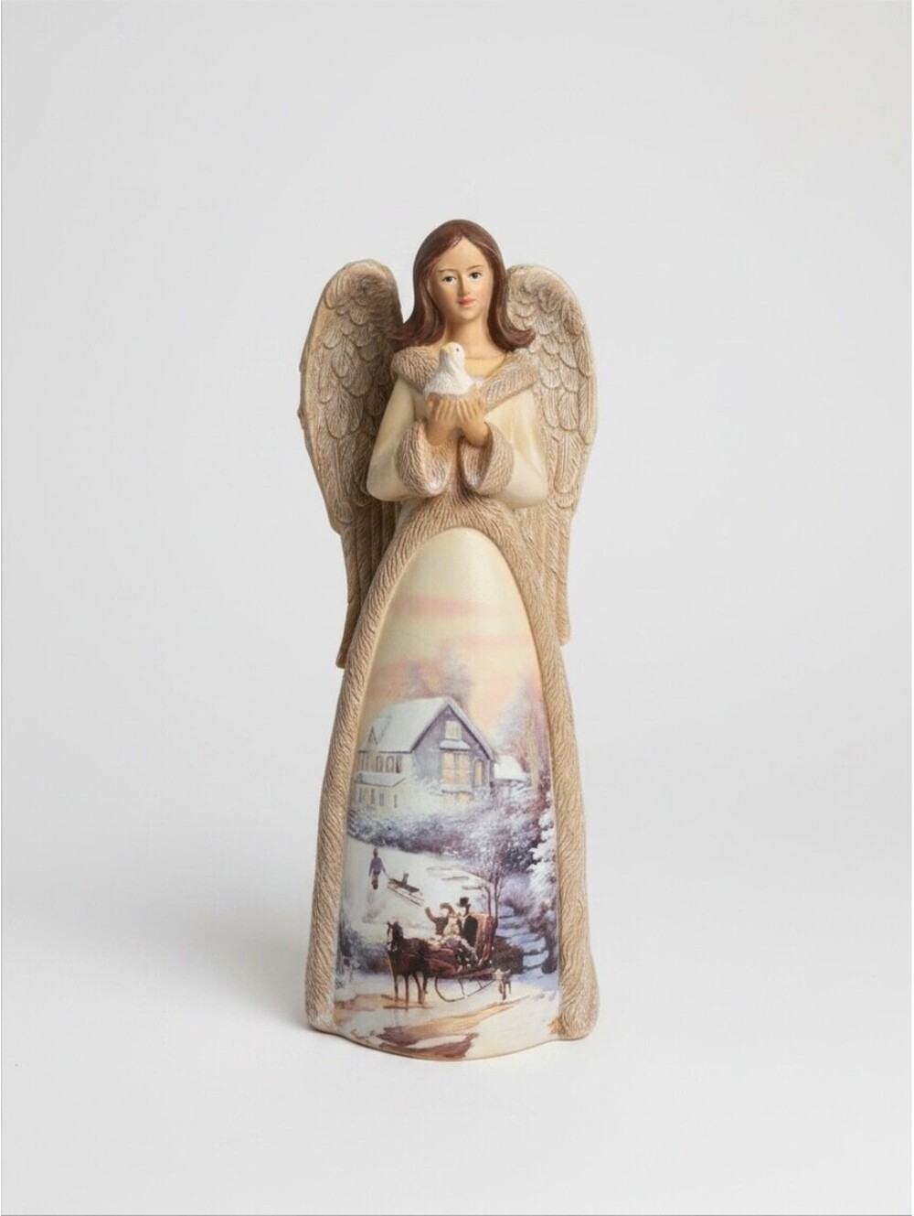 Vintage Winter Angel Figurine With Dove Snowy Sleigh Scene Christmas Holiday